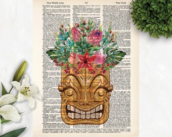 Tiki Girl with Tropical Floral Crown - Tiki Print - Tropical Print - Fun Art - Tiki Woman - Tiki Tropical Flowers - Dictionary Page Art