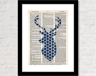 Stag Print -Geometric Pattern Navy Blue -  Deer Silhouette - Vintage - Modern Colors -  Dictionary Print - Dictionary Page Art