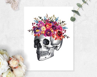 Skull with Vibrant Watercolor Flowers in Shades of Pink, Purple, and Yellow Watercolor Print 8.5x11 inches