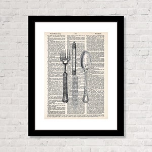 Fork, Knife and Spoon - Dictionary Art Print - Vintage Etching - Kitchen Art - Dining Room Art