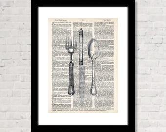 May include: Black and white illustration of a fork, knife, and spoon on a vintage book page. The text on the page includes "New Model army" and "New York".
