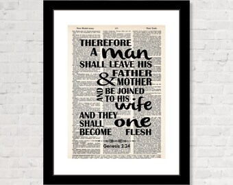 Therefore A Man Shall Leave His Father Mother and Be Joined To His Wife - One Flesh - Genesis 2 24 - Wedding Bible Quote - Dictionary Print