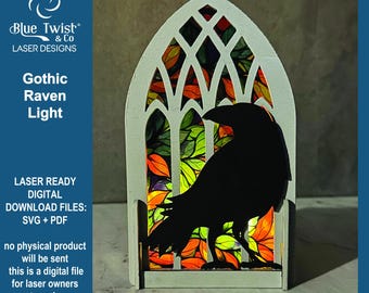 Gotische raaf theelichtlantaarn, lasergesneden bestand, SVG-pdf, lasersnijden, Glowforge-bestand, gesneden SVG-bestand, ravenlicht Halloween-decor