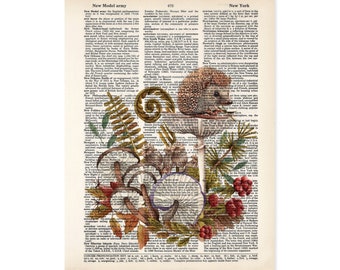 Hedgehog Baby Sitting on Mushroom Autumn Foliage Print on Salvaged Dictionary Page