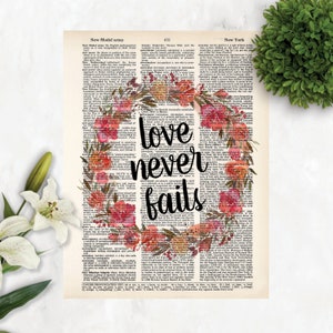 Love Never Fails - Dictionary Print - 1 Corinthians 13:8 Wedding Gift, Anniversary Gift, Gift for Couple