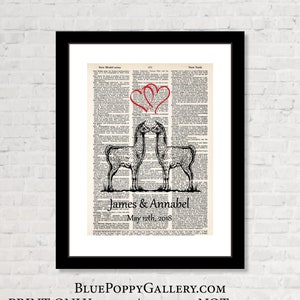 May include: Black framed print featuring two llama illustrations facing each other, with red heart accents above. The print is on a vintage book page, with the names "James & Annabel" and the date "May 12th, 2018" below. The text "BLUEPOPPYGALLERY.COM" is at the bottom.