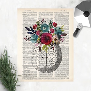 anatomy art prints - brain with watercolor flowers print - dictionary art - blue and merlot wine watercolor flowers