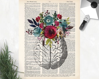 anatomy art prints - brain with watercolor flowers print - dictionary art - blue and merlot wine watercolor flowers