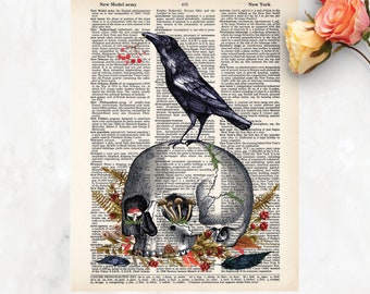 Raven on Skull Mushrooms Fungi Spooky Raven Art Witchy Art on Salvaged Dictionary Page