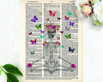 Yoga Art Print, Yoga Skeleton, Yoga Gifts For Women, Gift For Yoga Teacher, Gift for Yoga Lovers, Yoga Skeleton Butterflies, Dictionary Art
