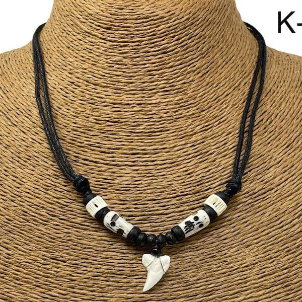 Shark Tooth Necklace Pendant Black Cord Necklace for Men, Boys & Girls. Resin Shark Necklace Coconut Bead Surfer Hawaiian