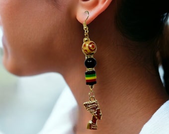 Nefertiti Earrings with Rasta & Wooden Beads - 3 Inches Long - Boho Afrocentric Rasta Costume Jewelry - Rasta earrings