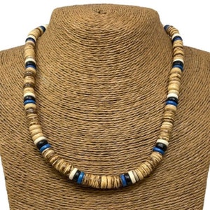 Blue Wooden Puka Necklace - Coconut Necklace - Hawaiian Necklace - Surfer Style Necklace - Natural Sea  Necklace Hawaiian Shell Necklace