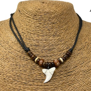 Shark Tooth Necklace Pendant Black Cord Necklace for Men, Boys & Girls. Resin Shark Necklace Coconut Bead Surfer Hawaiian