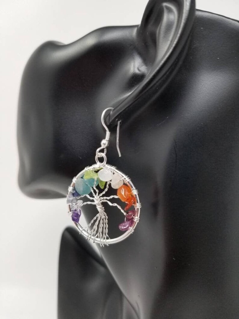 Tree of life Drop Amethyst Rose Crystal Earrings Gemstone Chakra Jewelry Best Gifts Chakra Earrings Energy earrings Silver Plated