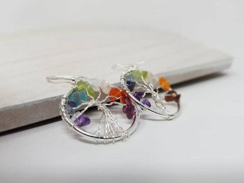 Tree of life Drop Amethyst Rose Crystal Earrings Gemstone Chakra Jewelry Best Gifts Chakra Earrings Energy earrings Silver Plated