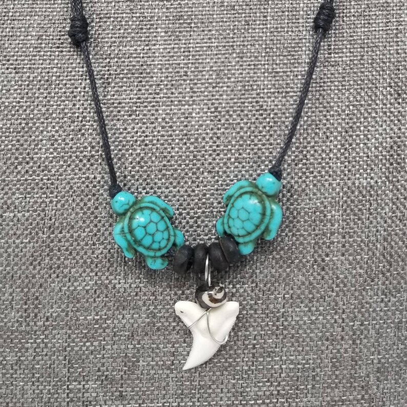 Shark Tooth Necklace With Turquoise Turtle Beads Shark Teeth Etsy