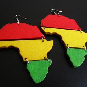 Wooden Earrings Rasta Africa Earrings - Handmade Rasta Earrings- Africa Map Earrings-Wood Rasta Earrings Wood Earrings