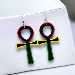 Rasta Vibrant Ankh Drop Earrings - Afrocentric Handcrafted Jewelry Lightweight Wooden Earrings