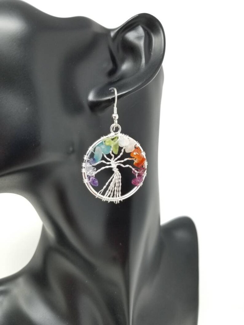Tree of life Drop Amethyst Rose Crystal Earrings Gemstone Chakra Jewelry Best Gifts Chakra Earrings Energy earrings Silver Plated