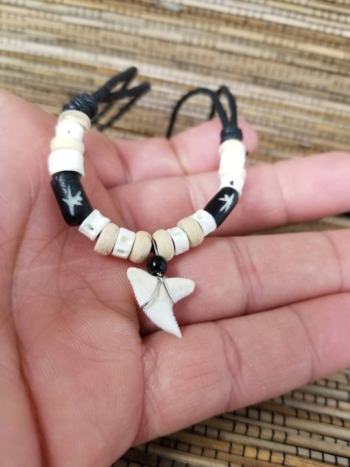 Real Shark Tooth Necklace/ Shark Tooth Black Cream Color Beads Etsy