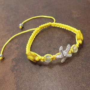 Yellow Starfish Bracelet-Yellow Turtle Bracelet-Yellow Sea Star Bracelet-Yellow Turtle Macrame-Silver Tone Star Fish-Seastar Bracelet-Hawaii
