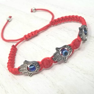 Hamsa Hand  Bracelet - Kabbalah Bracelet - Silver Tone Hand of Fatima Bracelet -Red Bracelet - Macrame Hamsa Bracelet - Good Luck Bracelet