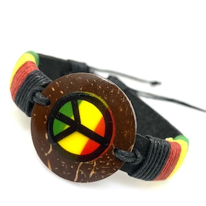 Peace Bracelet Peace Sign Handmade Rasta Leather Bracelet- Rasta Colors Flag Coconut Bracelet