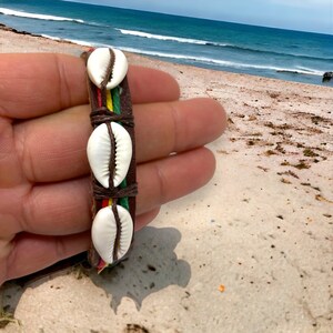 Adjustable Leather Cowrie Shell Bracelet | Cowry Shell Jewelry | Natural Cowrie Seashell Beach Bracelet- Hawaiian Rasta Cowrie Bracelet