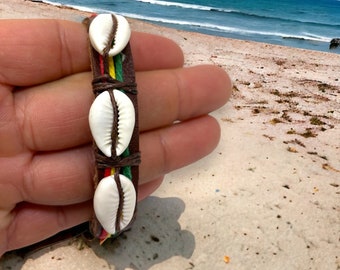 Adjustable Leather Cowrie Shell Bracelet | Cowry Shell Jewelry | Natural Cowrie Seashell Beach Bracelet- Hawaiian Rasta Cowrie Bracelet