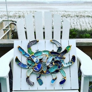 Coastal Charm: Handcrafted Blue Crab Oyster Shell Art for Beach-Inspired Decor