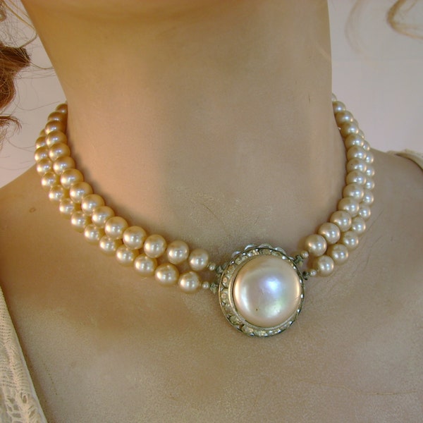 Vintage 1950s Double Strand Creamy Pearls Choker Style Necklace Very Elegant