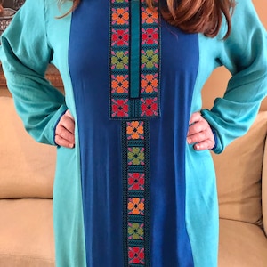 Turquoise Blue Embroidery Long Cotton Kaftan