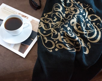 Black calligraphy Shawl Scarf. Arabic calligraphy gold calligraphy-arabesque