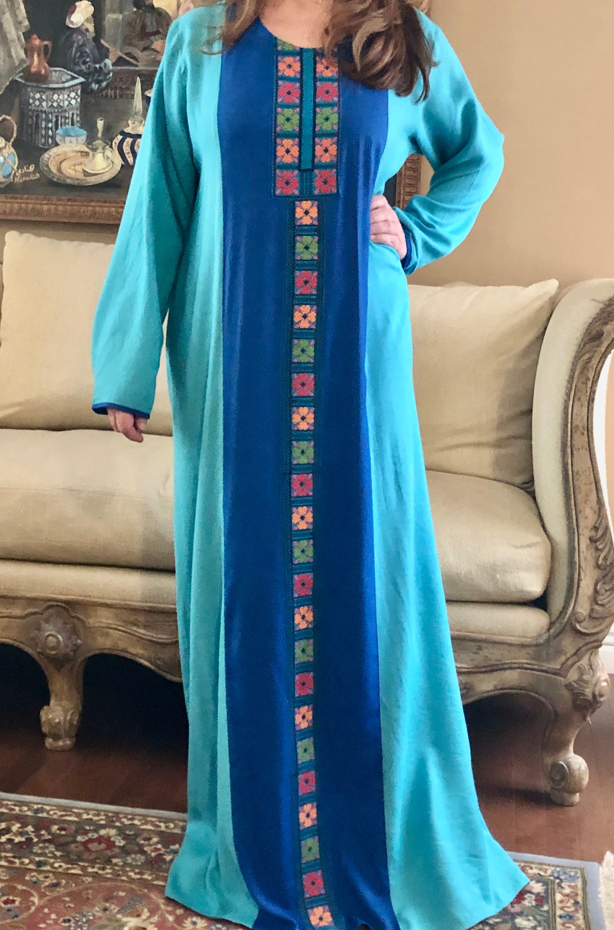 Turquoise Blue Embroidery Long Cotton Kaftan Etsy