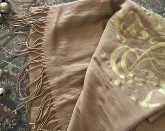 Brown Calligraphy Shawl Scarf. Arabic Calligraphy Gold Calligraphy-Arabesque