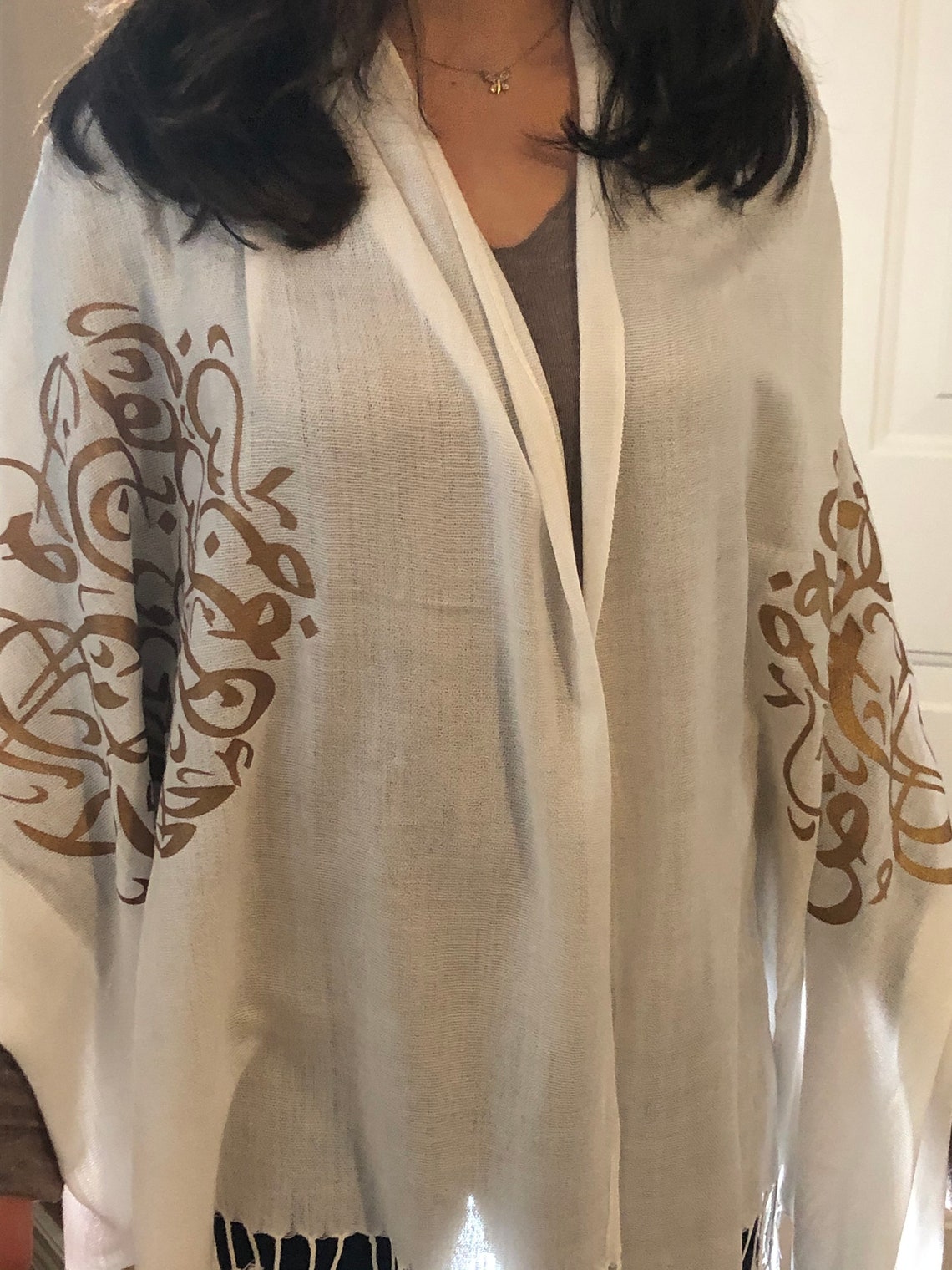 White Shawl with gold calligraphy. Arabic gold letters. Etsy