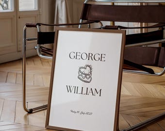 Könnte beinhalten: Ein gerahmter Druck mit den Namen "GEORGE WILLIAM" und einer stilisierten Kuchenillustration. Das Datum "Friday 15 July 2027" ist unter den Namen gedruckt.