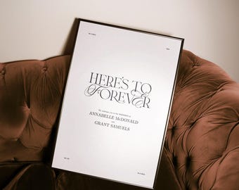 Könnte beinhalten: Ein weißer gerahmter Druck mit schwarzem Text, der "Here's to Forever" und "We welcome you to the wedding of Annabelle McDonald and Grant Samuels" lautet.
