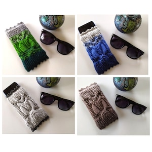 May include: Four knitted phone cases in different colors: green and blue, blue and white, gray, and brown. Each case has a cable knit pattern and a scalloped edge.