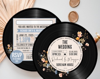 Invitaciones para bodas o fiestas: diseño de disco de vinilo circular con flores silvestres