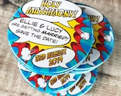 Wedding Save The Date Magnets Comic Book Design "Holy Matrimony" (Complete With Organza Bags)