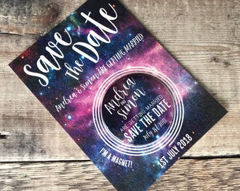 Wedding Save The Date Magnets Galaxy/ Space Inspired Design (Complete With Backing Postcard)