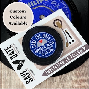 Wedding Save The Date Magnets - Vinyl Record Design Complete With Mini Turntable Inspired Backing Cards