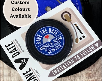 Wedding Save The Date Magnets - Vinyl Record Design Complete With Mini Turntable Inspired Backing Cards