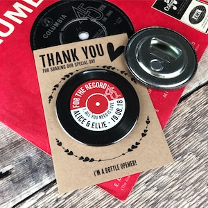 Wedding Favour Bottle Opener Magnets - Vinyl Record Design Complete With Rustic Mini Backing Cards