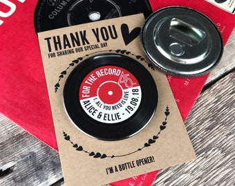 Wedding Favour Bottle Opener Magnets - Vinyl Record Design Complete With Rustic Mini Backing Cards