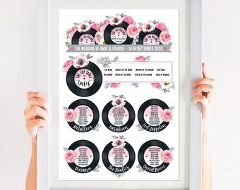 Wedding Table Plan - Printed Floral Vinyl Record Design (Unframed) Pink