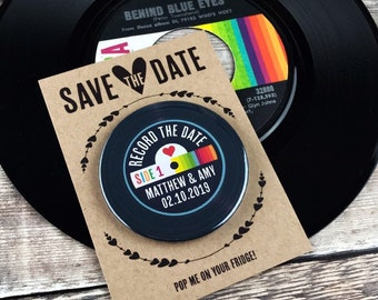 Wedding Save The Date Magnets - Rainbow Vinyl Record Design Complete With Mini Backing Cards