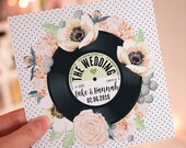 Wedding/ Party Invitations - Floral Vinyl Record Design (Peach & Green)